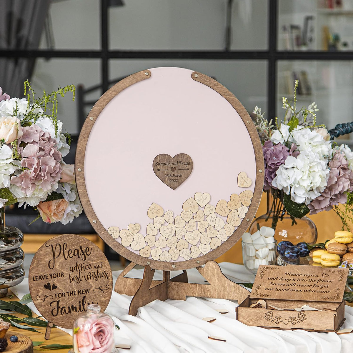 Rustic Personalized Wedding Guest Book: Heart Drop Design, Heart, Circle & Rectangle Frames.