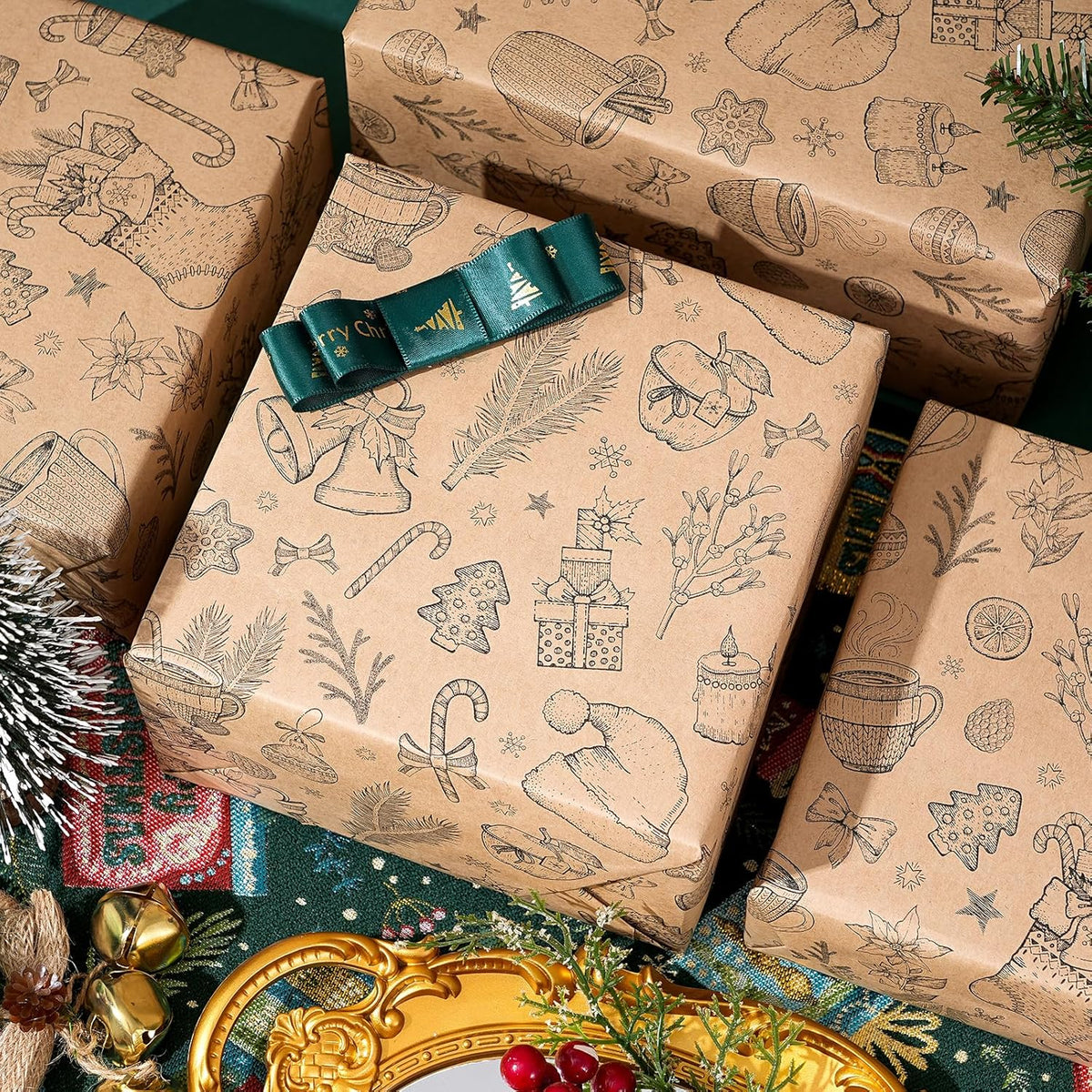 Ulmasinn Vintage Christmas Wrapping Paper Roll - Brown Kraft Paper 17" x33ft - with Cutting Line