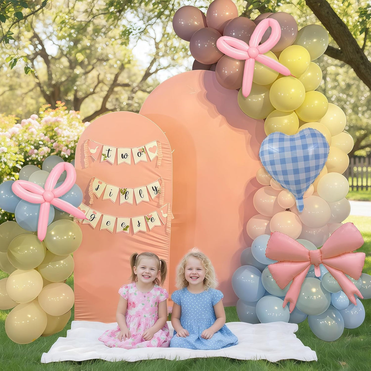 Goose Balloon Arch Kit Pastel Pink Blue Sage Green Balloons Garland with Bow Gingham Heart Foil