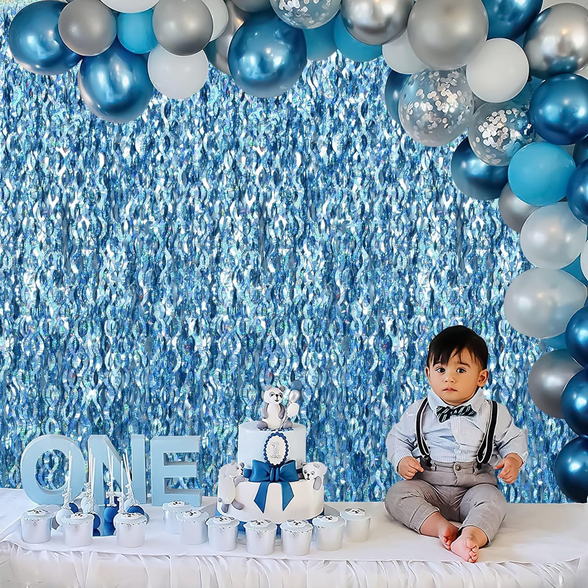 TONIFUL 3Pcs Wavy Metallic Tinsel Foil Fringe Curtains Light Blue Streamer Backdrop for Photo Booth