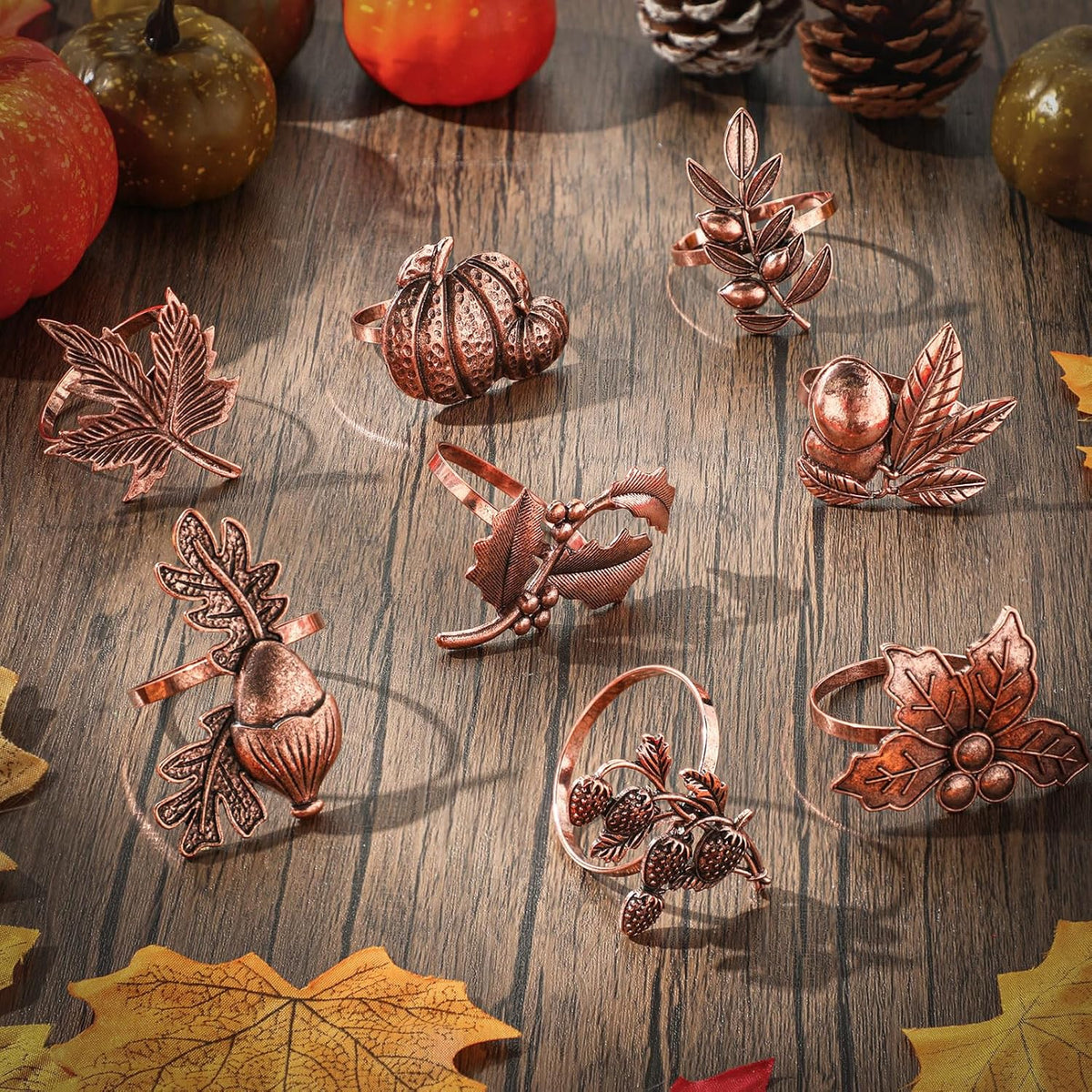 Remerry 8 Pcs Thanksgiving Napkin Ring Harvest Fall Leaf Pumpkin Holders Retro Alloy Metal Napkin