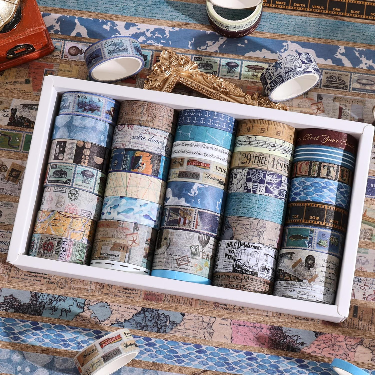 38 Rolls Vintage Washi Tape Set, Vintage Travel Stamp Map Scenery Art Letter Writable Decorative