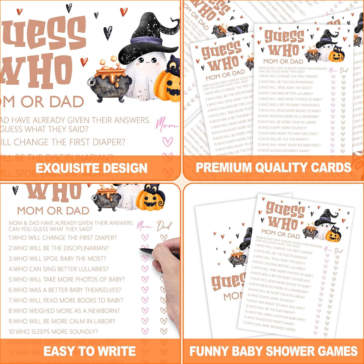 Baby Shower Games, Halloween Guess Who Mom or Dad, 25 Double-Sided Game Cards for Gender Reveal