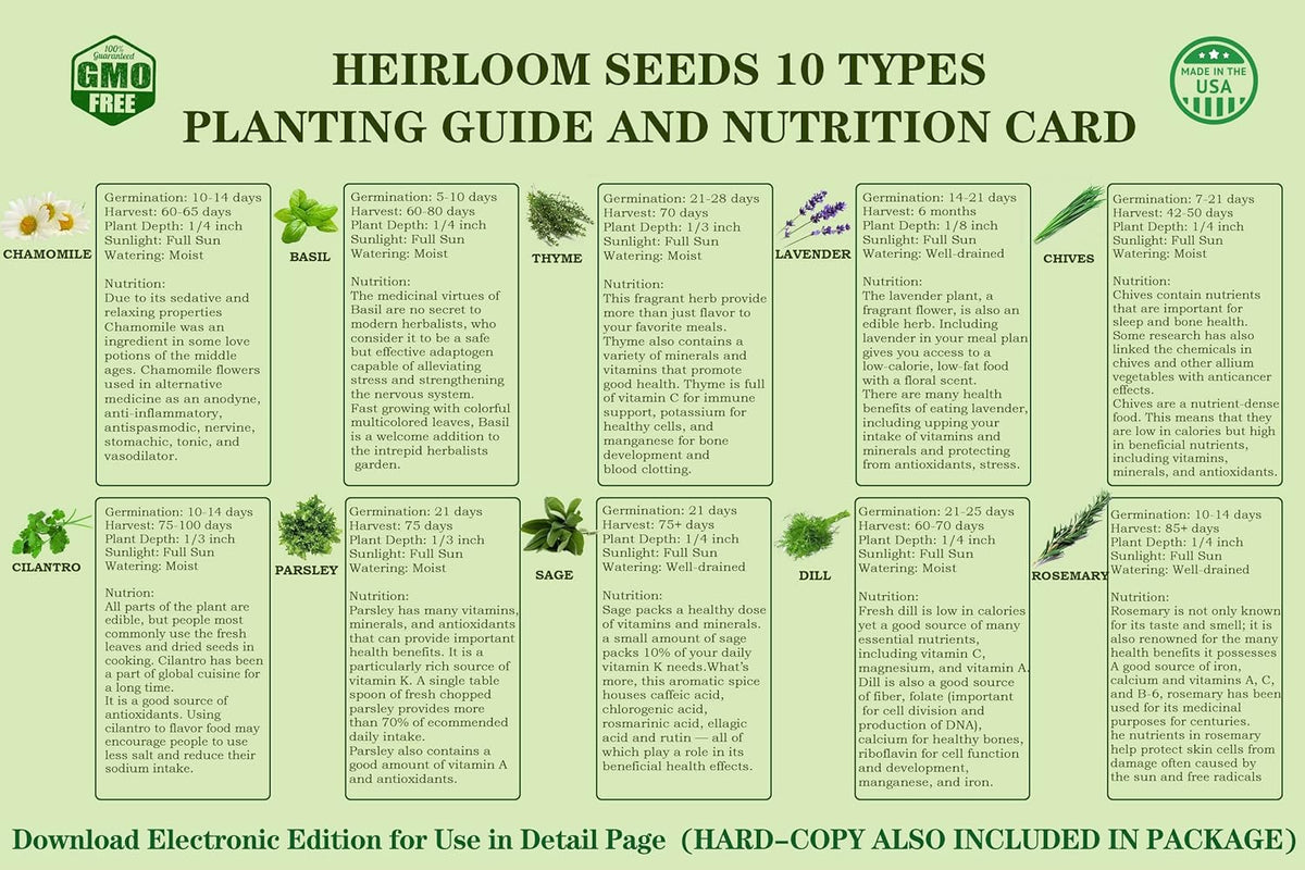 10 Herb Seeds Garden Starter Grow Kit with Green Pots, Markers, Nutritional Soil, Watering, Herb