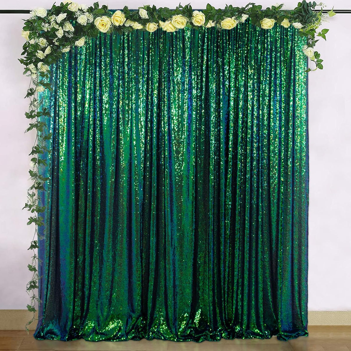 ShinyBeauty Iridescent Green Sequin Backdrop Curtain 5FTx10FT 2 Panels - Perfect for Party, Wedding
