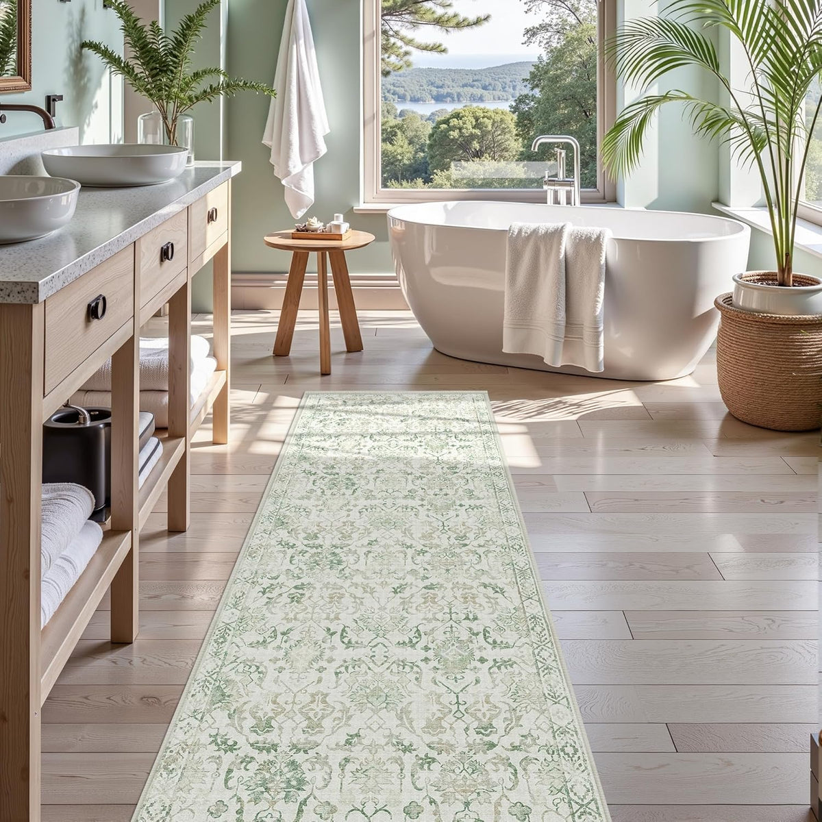 Green 3x10 Runner Rug for Hallways Bed Side Kitchen, Boho Washable Distressed Low-Pile Floor