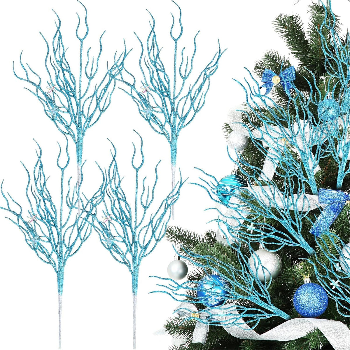 8 Pcs Blue Coastal Ornaments for Christmas Tree Artificial 15.7inch Glitter Coastal Ocean Branch