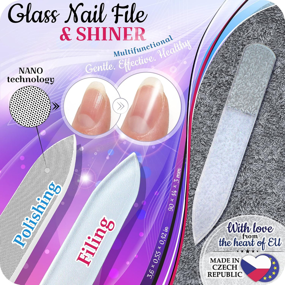 GLADZY Czech Glass Nail File Set with Glass Nail Shiner & Cuticle Pusher– 3 pcs Manicure Kit with