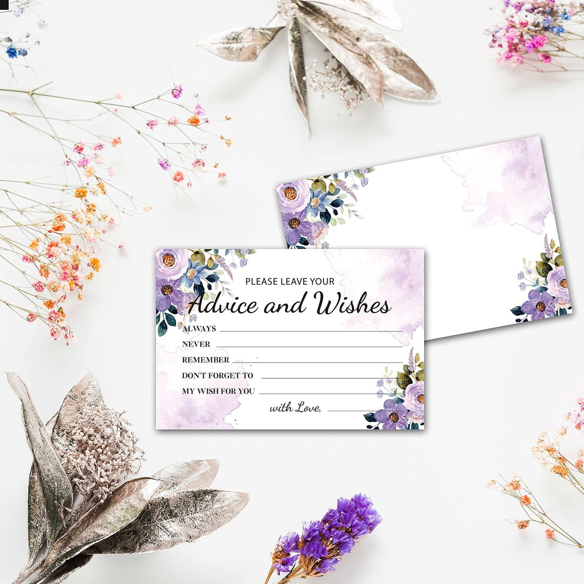 Purple Floral Advice and Wishes Cards, 25 Pcs Watercolor Purple Double Sided Advice Cards for The