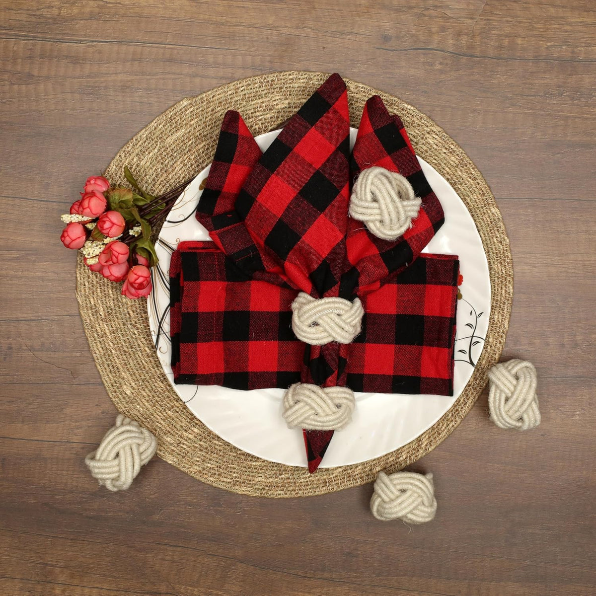 Farmhouse Napkin Ring Set of 12 - Handwoven Cotton & Jute Knot Design for Table Decor, Weddings