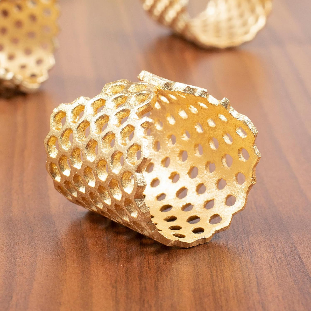 Gold Honeycomb Napkin Rings Set of 10 - Elegant Lightweight Metal Serviette Holders for Dining