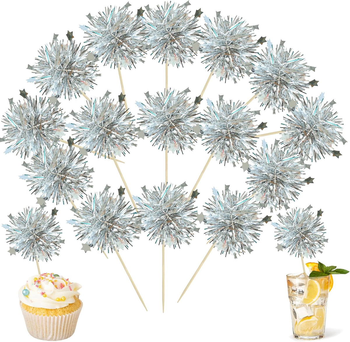 Ephlyn 30Pcs Foil Firework Cupcake Toppers Party Birthday Cake Toppers Supplies Sparkle Tinsel