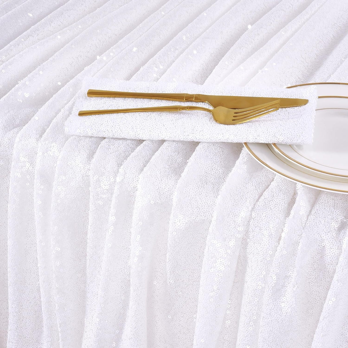QueenDream White Wedding Tablecloth 90x90 Inch Sequin Fabric Table Cloths Rectangle Sparkle