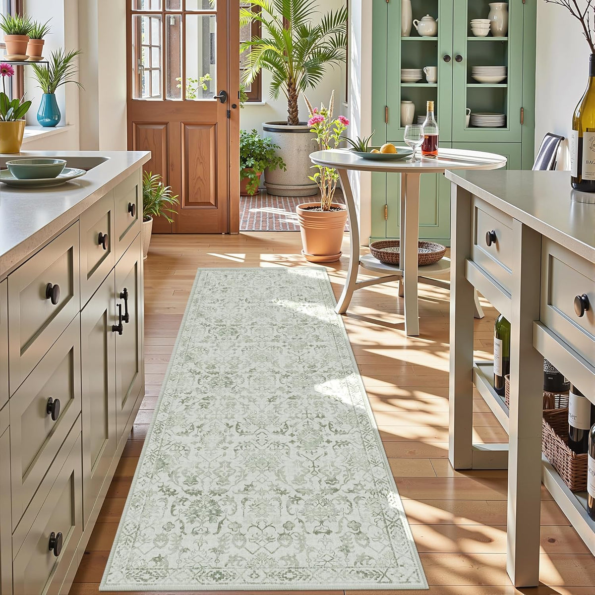 Sage 3x10 Runner Rug for Hallways Bed Side Kitchen, Boho Washable Distressed Low-Pile Floor