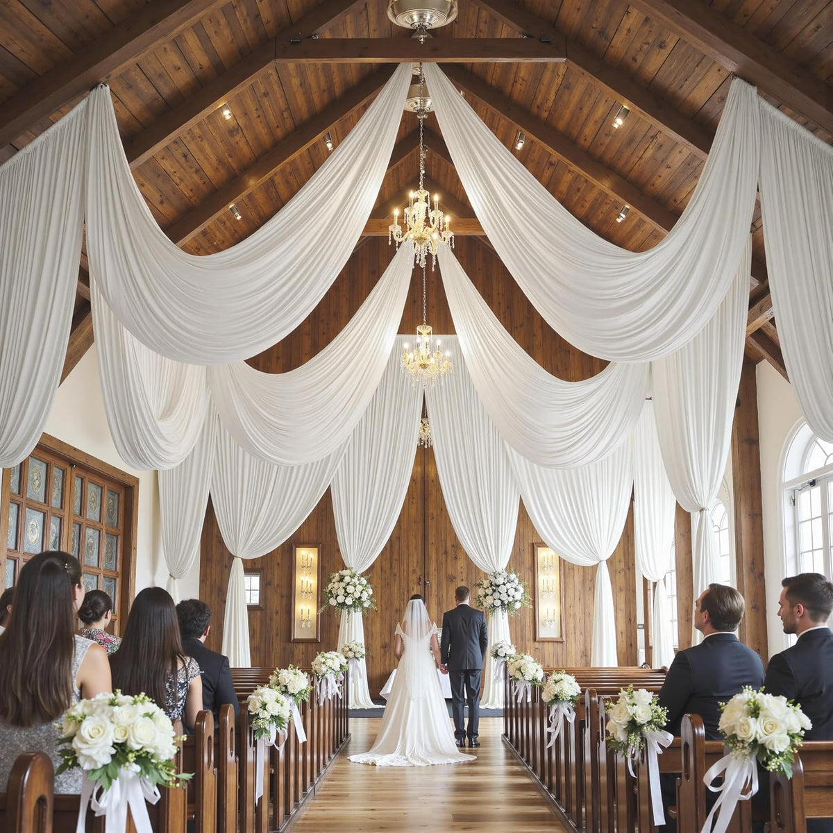 PartyVillage 8 Panels 5ftx30ft White Ceiling Drapes for Wedding Parties – 30 FT Extra Long Thick