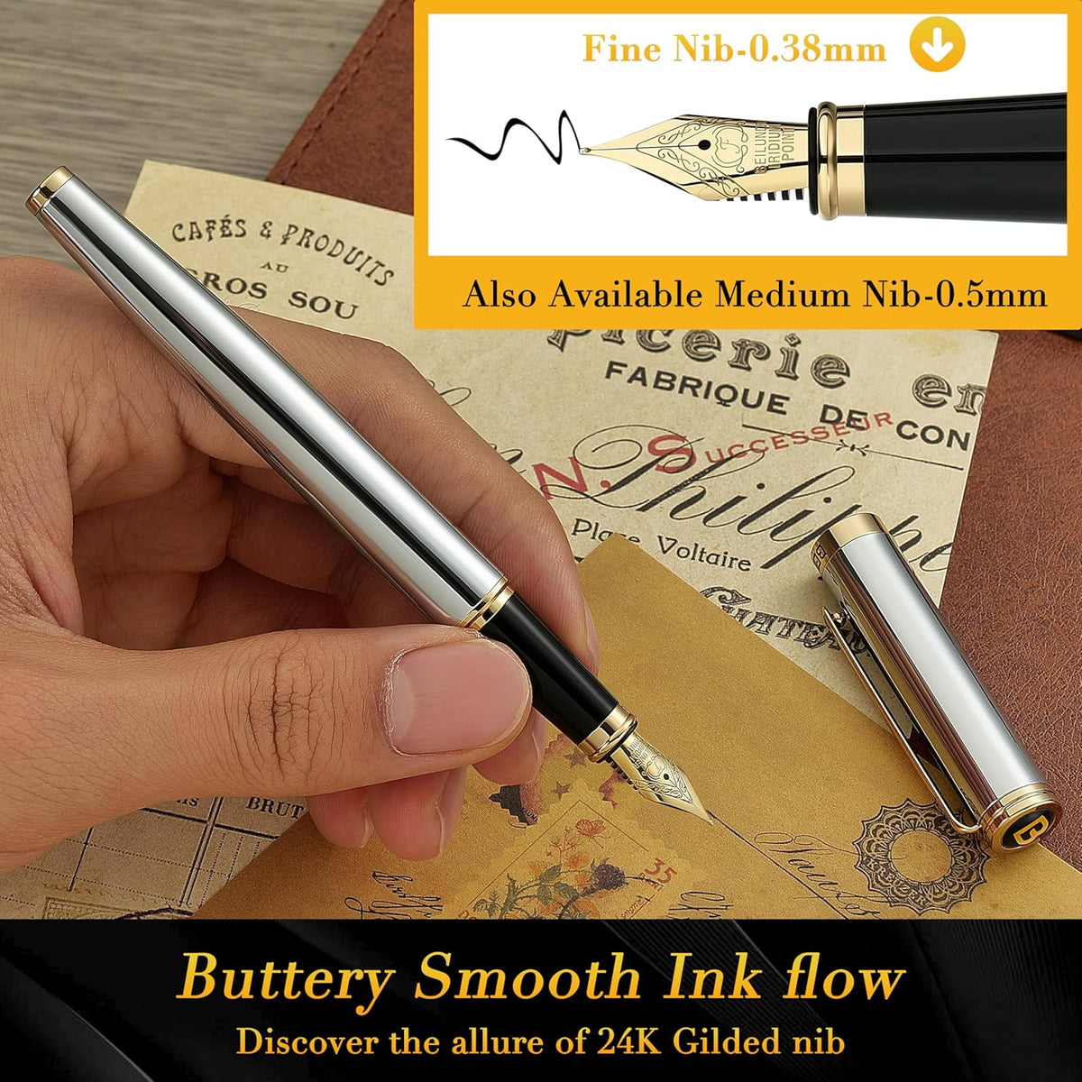 BEILUNER Silver Chrome Fountain Pen,Stunning Luxury with 24K Gold Accents, Gorgeous 24K Gilded