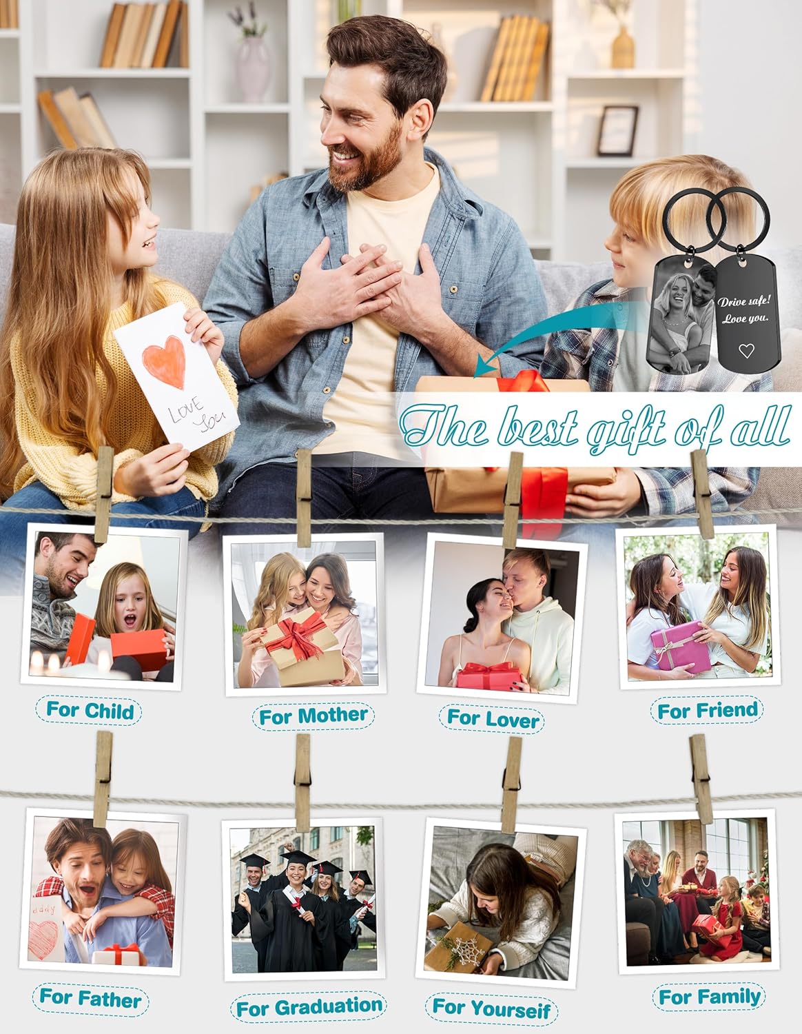 Custom Keychain with Picture - Personalized Keychains with Photo Text Customized Engraved Gifts for