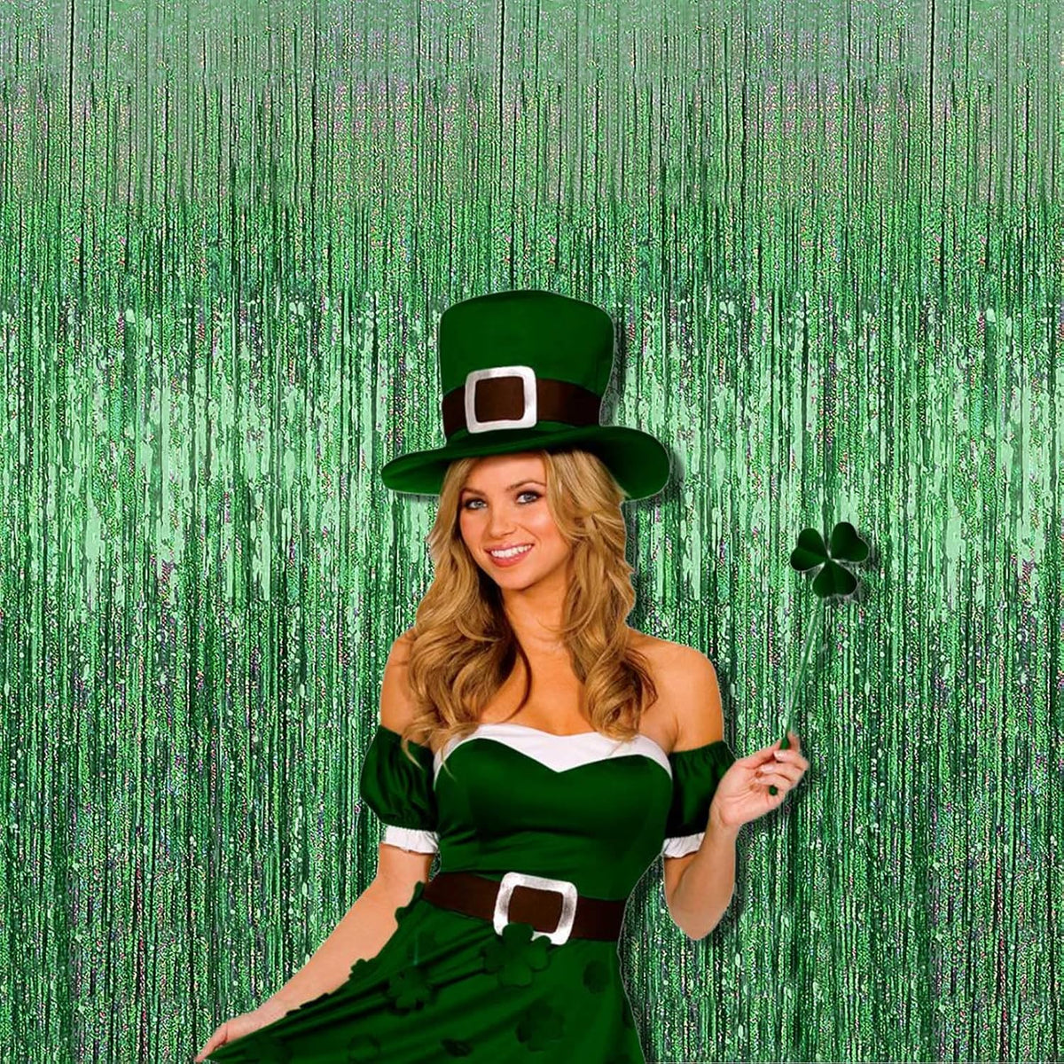 4 Pack Light Green Tinsel Foil Fringe Curtain Backdrop, 3.28Ft x 8.2Ft Metallic Streamers for Photo