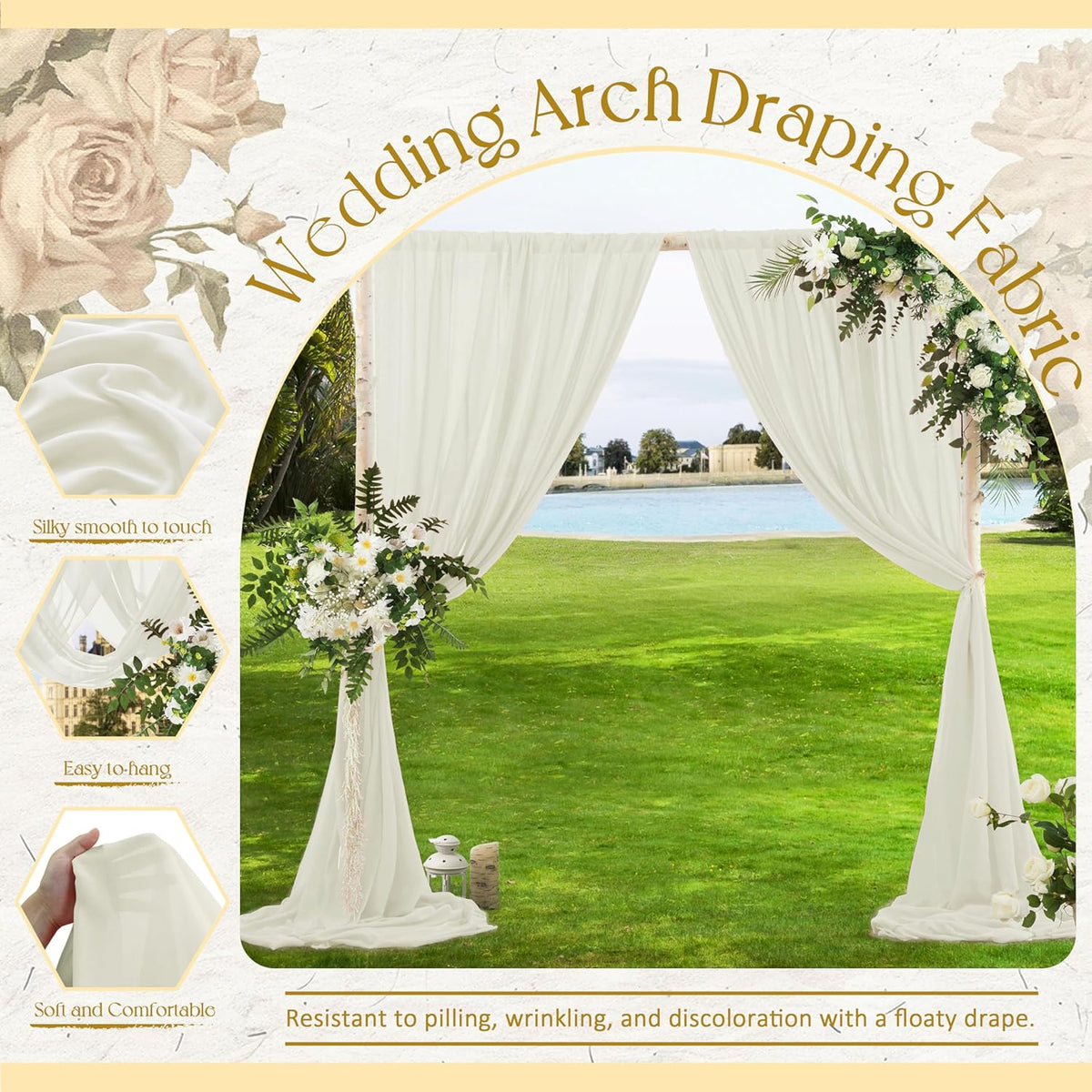 VACVELT Wedding Arch Draping Fabric, Ivory Chiffon, 2 Panels Sheer Drapes, 30 Inch x 20ft Chiffon