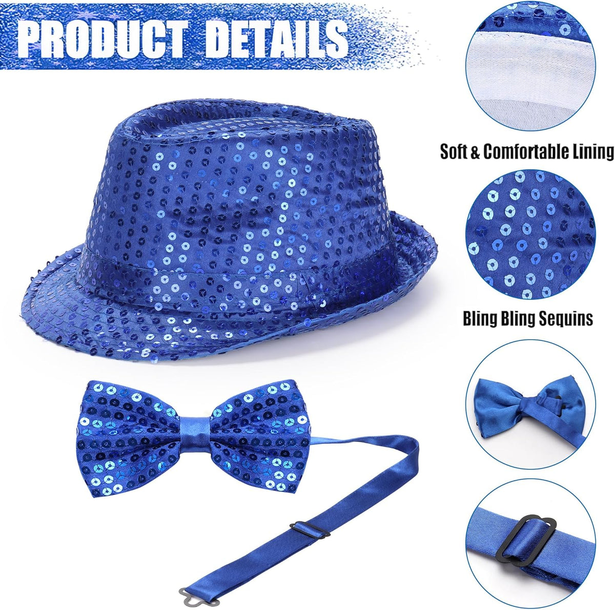 10 Pcs Unisex Sequin Fedora Hat Sequin Bow Ties Set Bling Retro Dance Jazz Cap Funky Party Costume