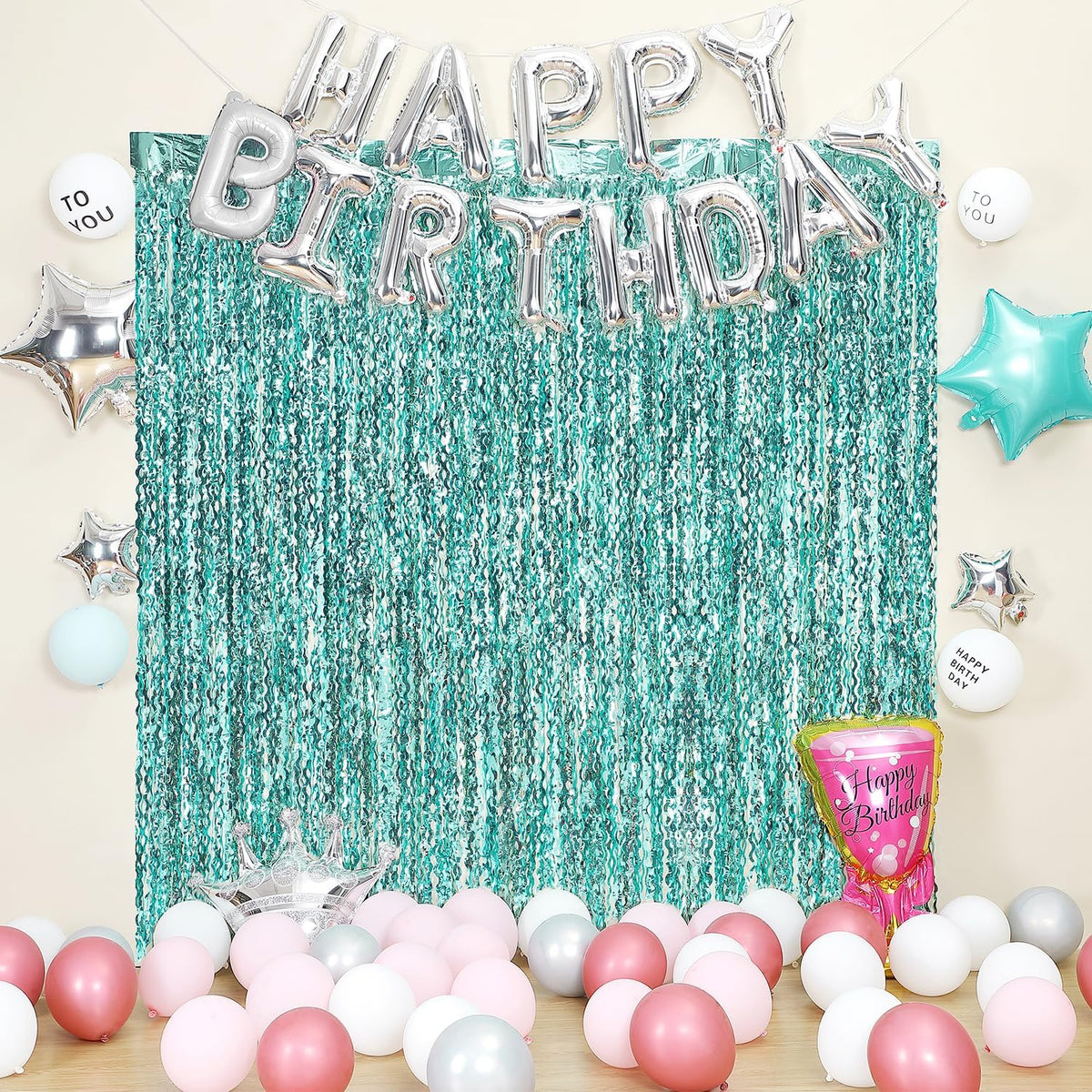 3 Pack Teal Aqua Blue Wave Foil Curtains - 3.3 ft x 6.6 ft Tinsel Metallic Streamers for Photo