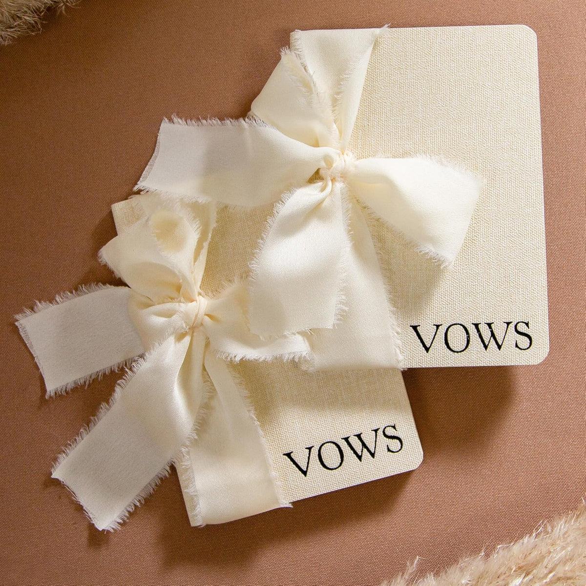 Cream Embossed Slim Vow Books w/Ribbon (Set of 2) - 5.625 x 4 Minimalist Pocket Sized Wedding