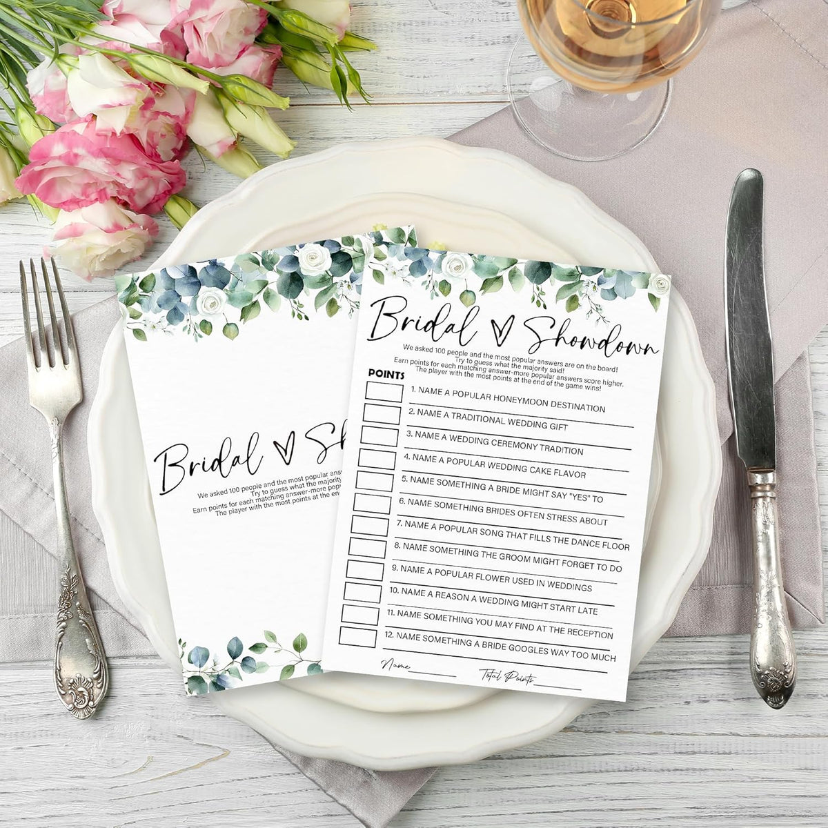 Bridal Showdown - Botanical Bridal Shower Game Cards - 50 Pcs Eucalyptus Leaves Game Cards - Funny