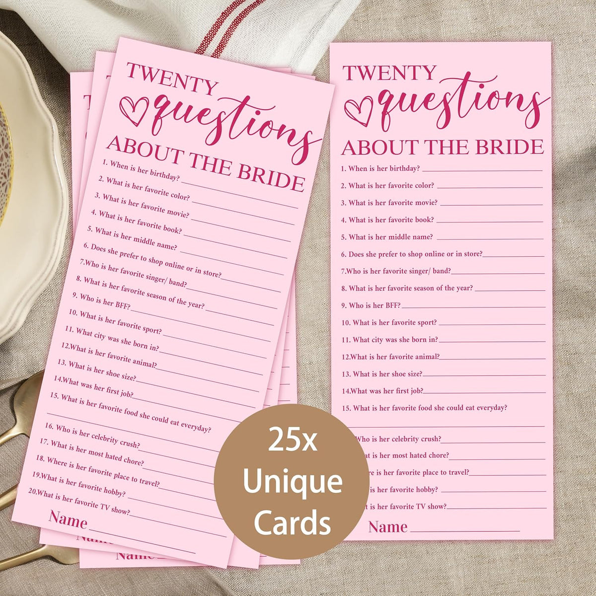 4x9 Inch Wedding Party Games, Bridal Shower Cards, 25 Pink Bridal Shower Games for Wedding