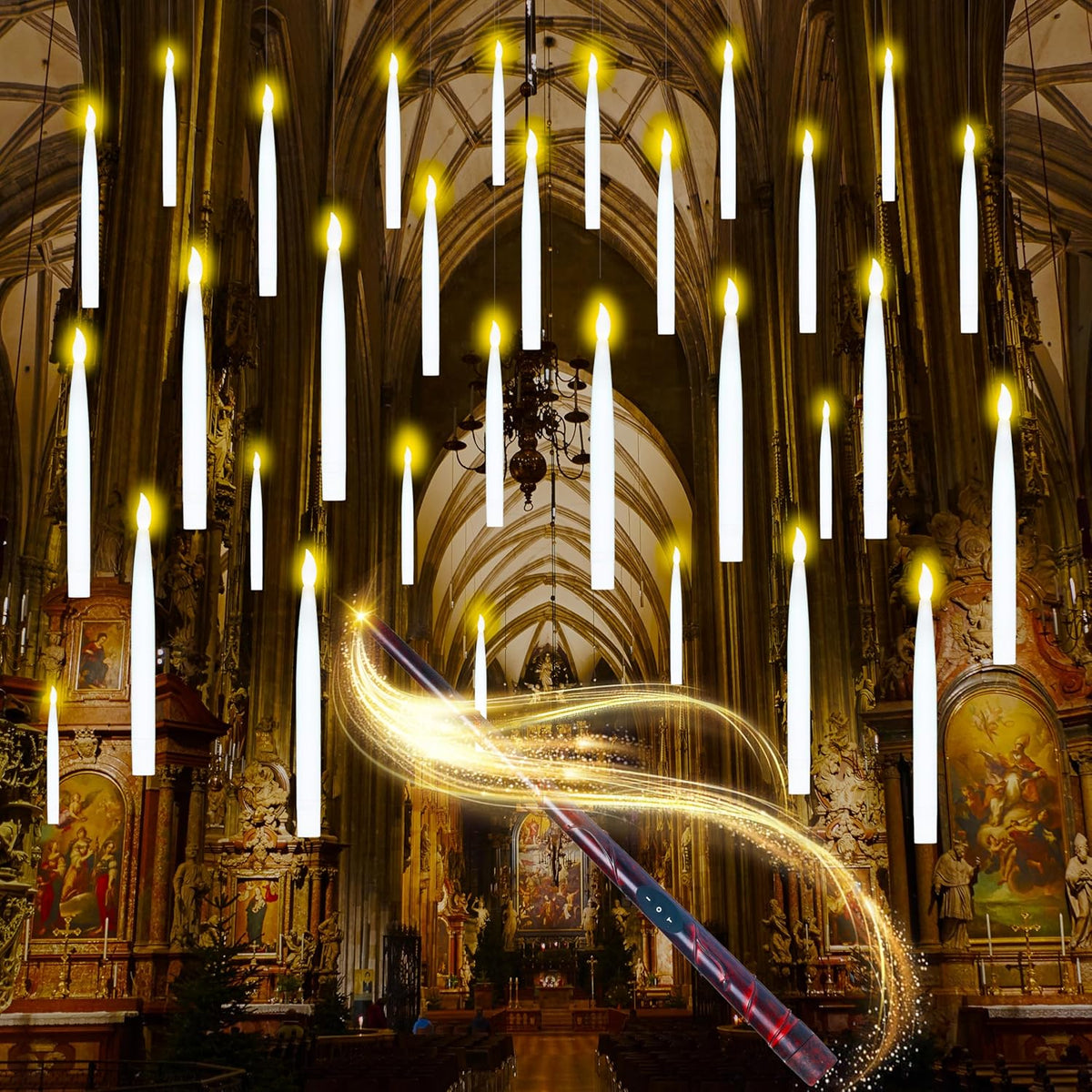 JOYIN 20Pcs Halloween Floating Candles with Wand Remote Flickering Warm Light Taper Magic Hanging