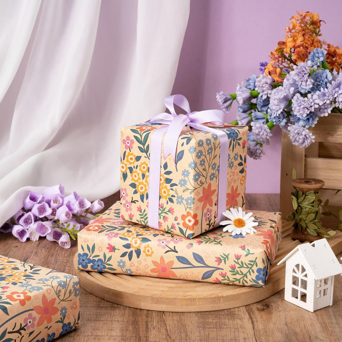 RUSPEPA Kraft Floral Wrapping Paper Roll for Girls Women, Mini Roll, Garden Flower Design