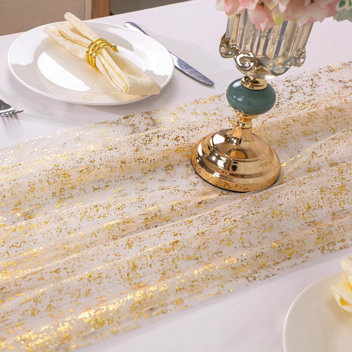 Snowkingdom 10 Ft Gold Table Runner, Sheer Chiffon Tulle Cheesecloth Golden Sequin Glitter Metallic