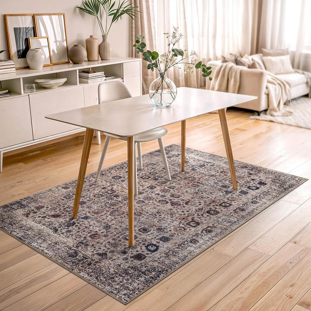 Bloom Rugs Washable Non-Slip 4' x 6' Rug - Light Tan/Blue Traditional Oriental Area Rug for Living