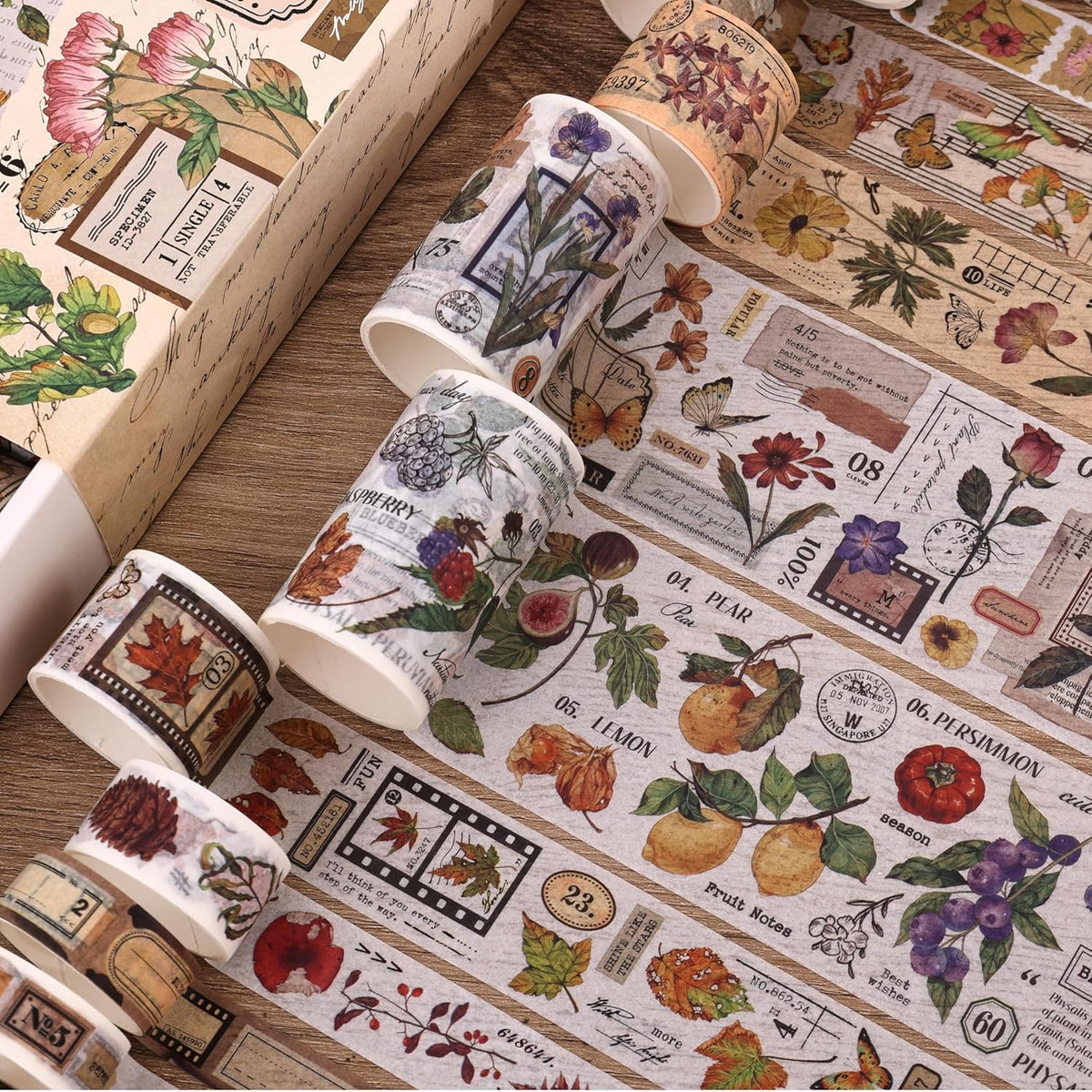 20 Rolls Vintage Washi Tape Set, Floral Letter Butterfly Mushroom Botanical Flower Writable