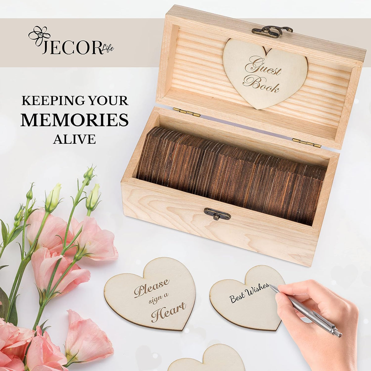 Jecor Alternative Guest Book Box - Wedding Guest Book Alternative - 62 Large Wooden Hearts - Also