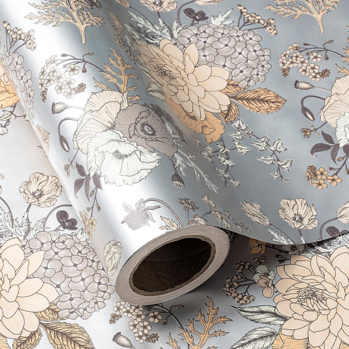 WRAPAHOLIC 30 Inch Jumbo Floral Wrapping Paper - 30 Inch X 33 Feet - Pearlized Silver Vintage