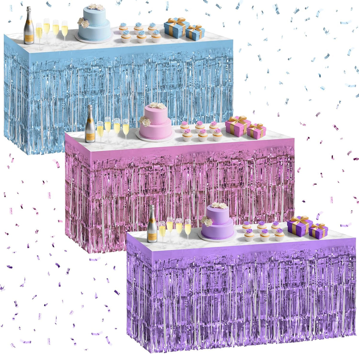 3 Pack Light Pink & Blue & Purple Table Skirts, 29x108" Metallic Foil Tinsel Fringe Table Skirt for