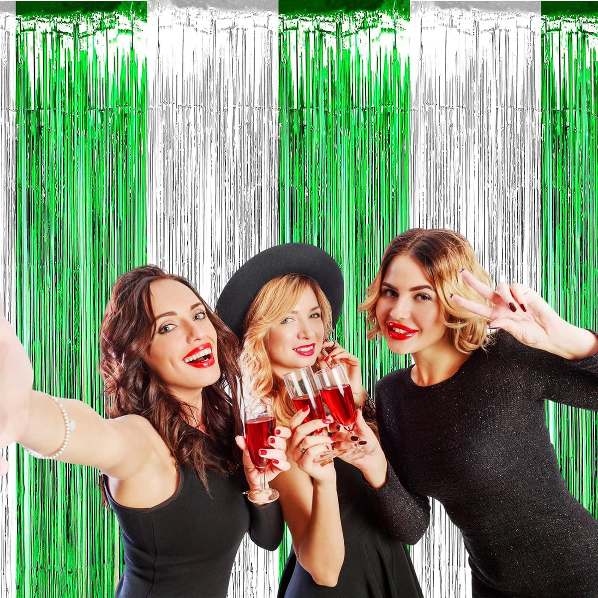 4 Pack Foil Fringe Curtain Backdrop, 3.28Ft x 8.2Ft Metallic Tinsel Foil Fringe Streamers Curtain