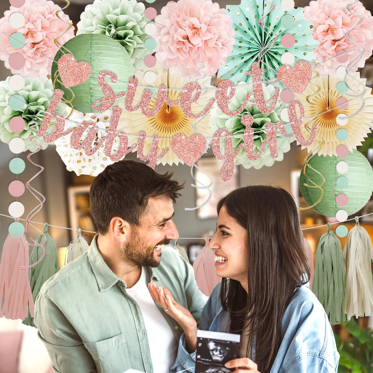 Sage Green and Blush Pink Baby Shower Decorations - Sweet Baby Girl Banner, Olive Green Lanterns