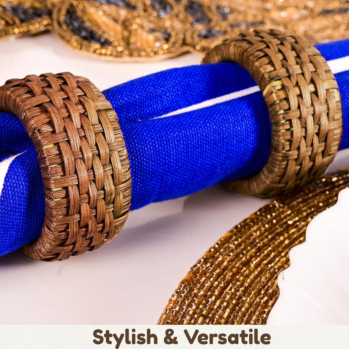 Decorative Cane Napkin Rings Set of 12 - Hand Woven Napkin Holders for Farmhouse, Rustic, Holiday