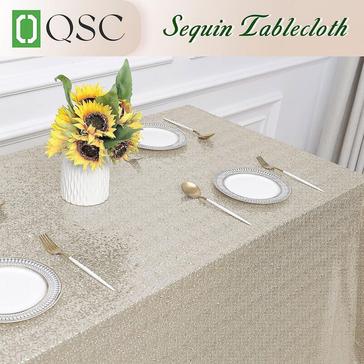 OQSQ Champagne Rectangle Sequin Tablecloth - 60x102 inch, Glitter Drape Table Cloth, Sparkle