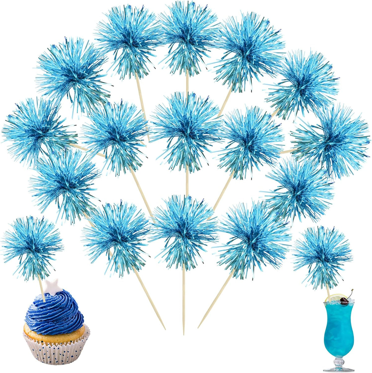 Ephlyn 30Pcs Foil Firework Cupcake Toppers Sparkle Tinsel Cupcake Picks Happy Birthday Cake Toppers