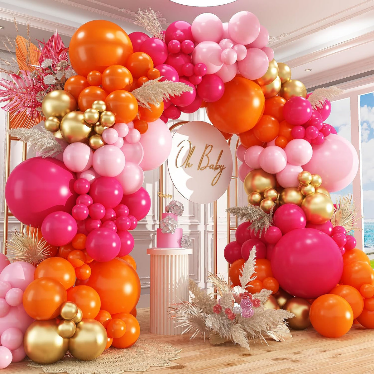 Pink and Orange Balloon Arch Kit,412Pcs Hot Pink Orange Metallic Gold Latex Balloon Garland kit 18