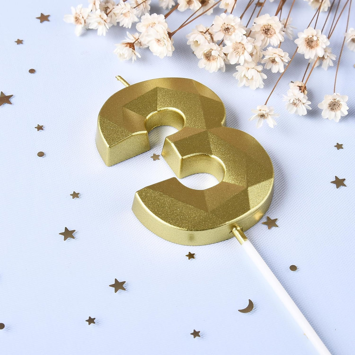 PHD CAKE 2.76 Inch Crystal Gold 3 Number Birthday Candles, Gold Number Candles, Cake Number