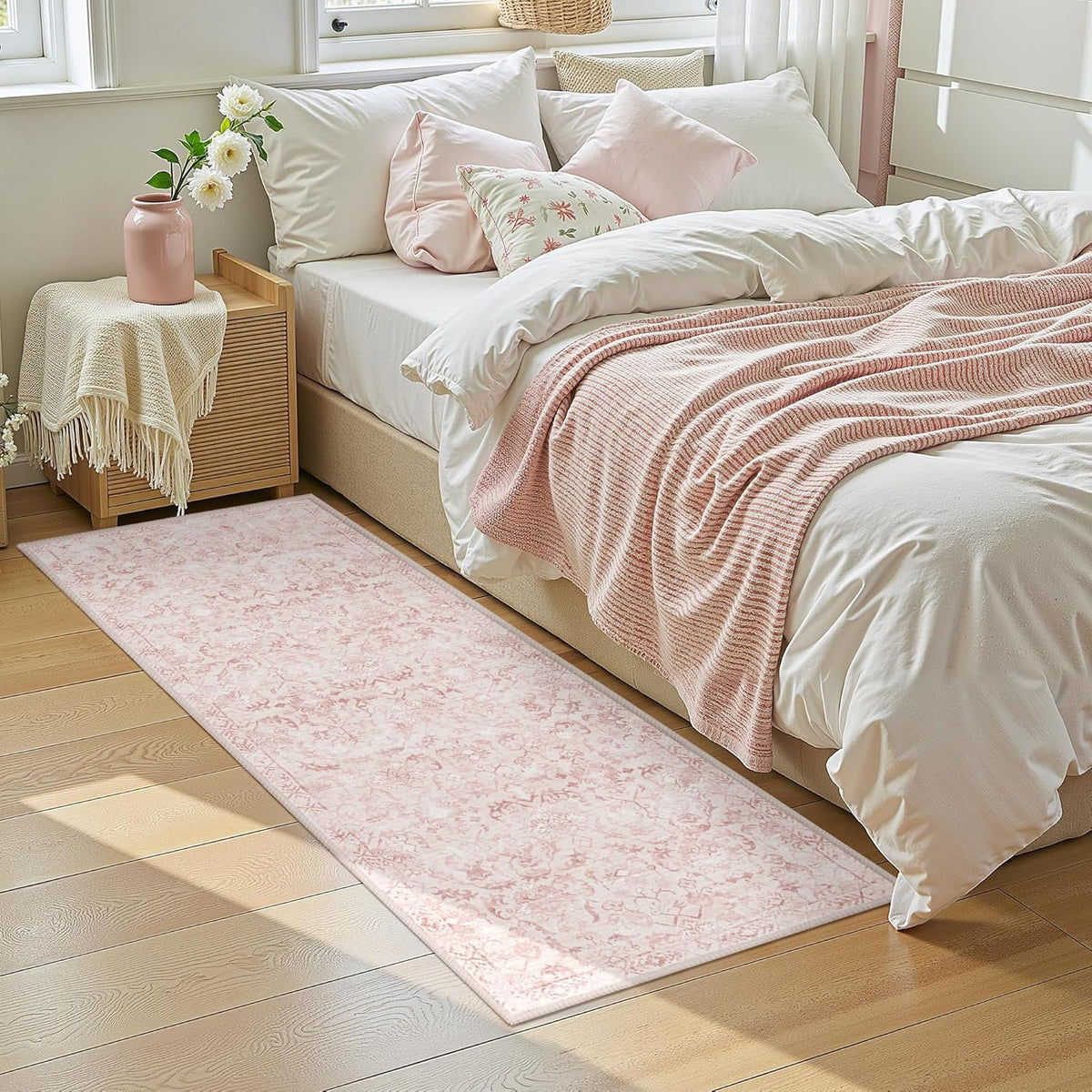 Pink 2x6 Runner Rug for Hallways Bed Side Kitchen, Boho Washable Distressed Low-Pile Floor Entryway