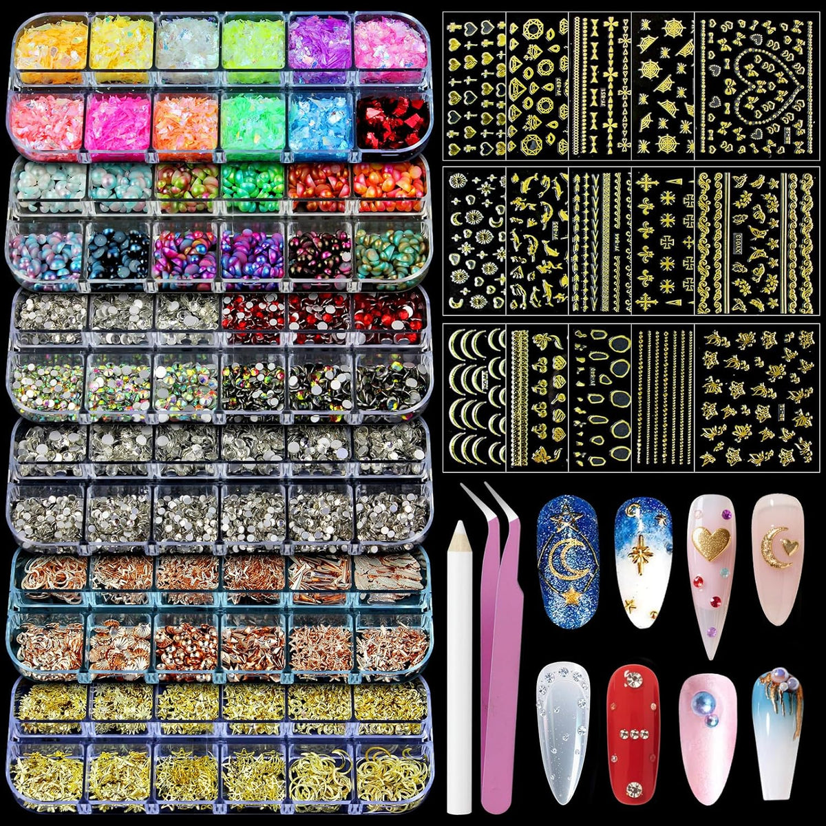 Artdone Nail Art Studs Kit, 6 boxes Multicolor And Design 3D Charms With 15 Sheets Gold Nail