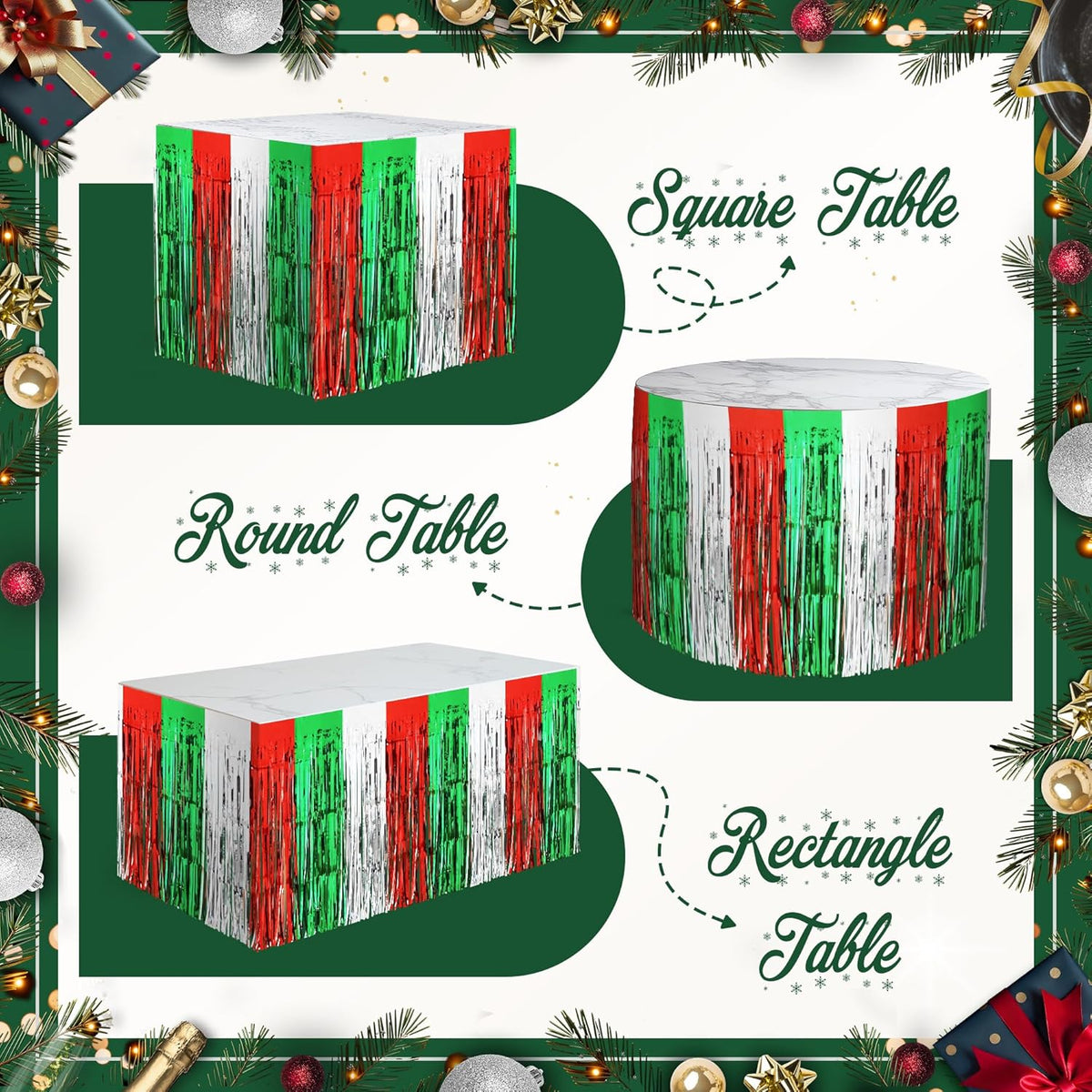 2 Pack Christmas Table Skirts, 29x108" Red & Silver & Green Metallic Foil Tinsel Fringe Table