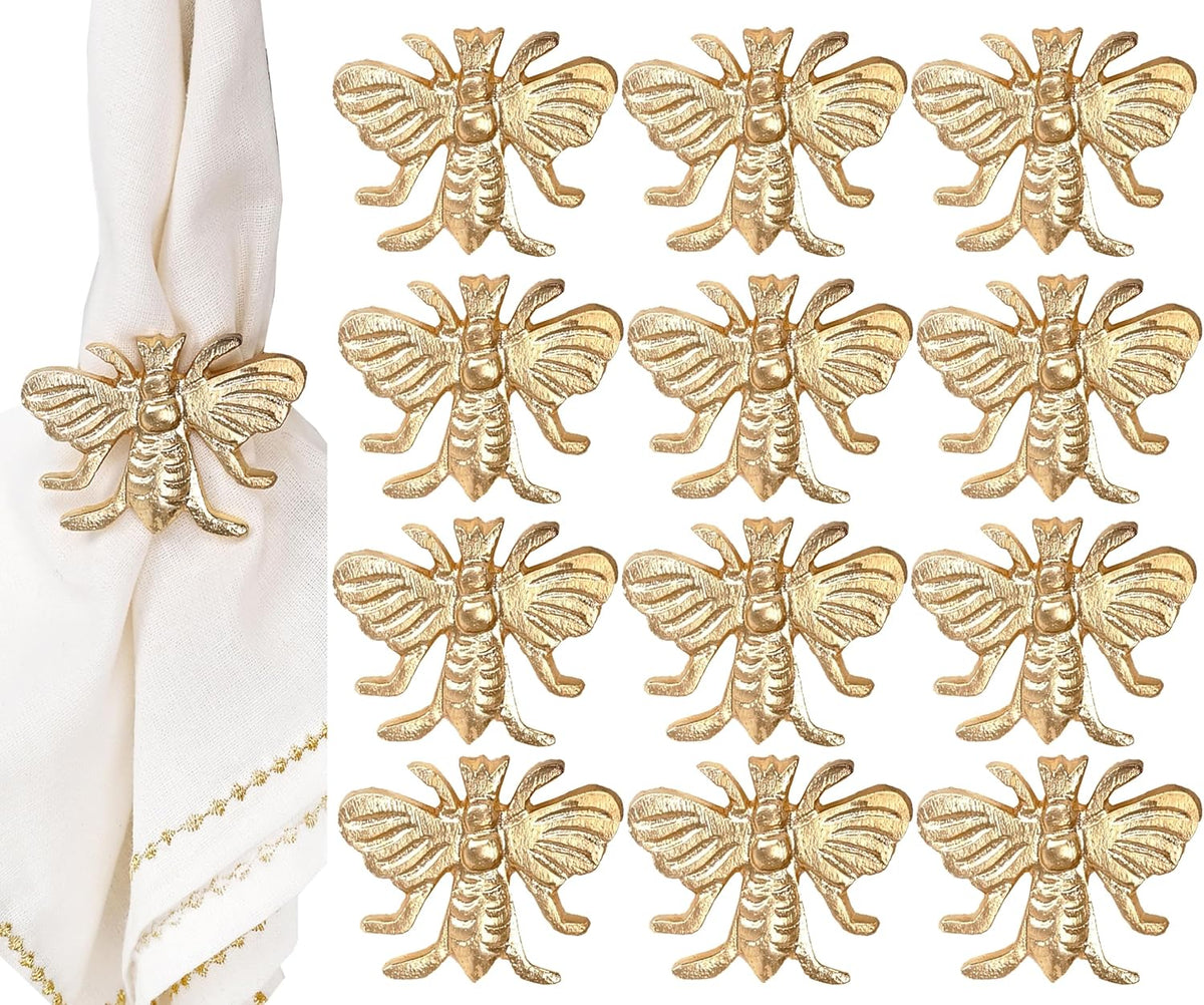 Gold Napkin Rings Set of 12 - Elegant Bee Napkin Rings with Sturdy Lightweight Metal Design