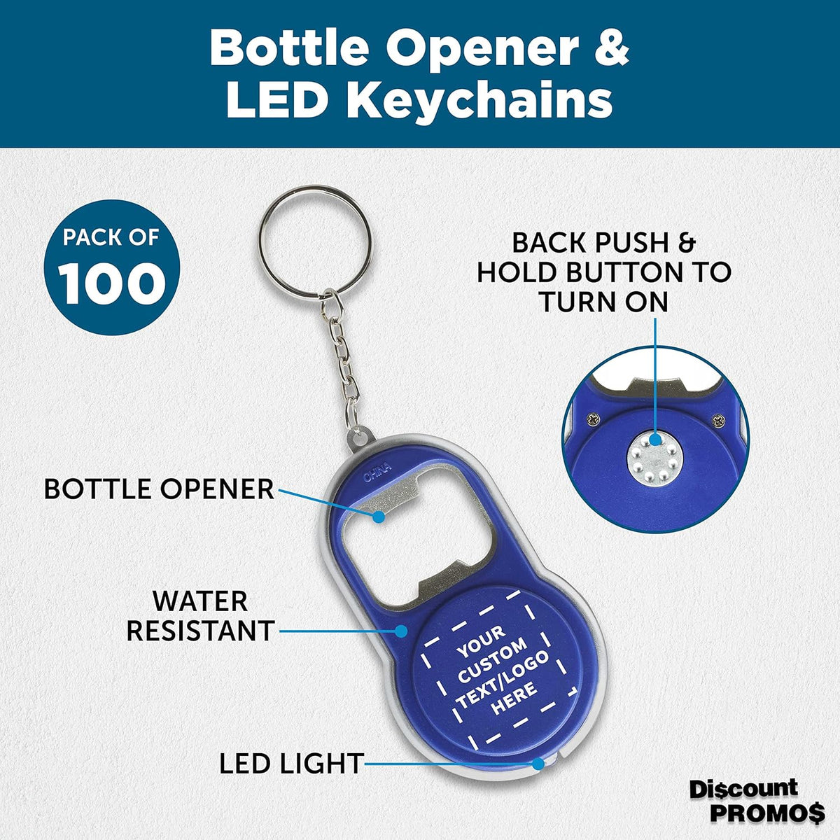 DISCOUNT PROMOS Custom Bottle Opener & LED Keychains Set of 100, Personalized Bulk Pack - Perfect