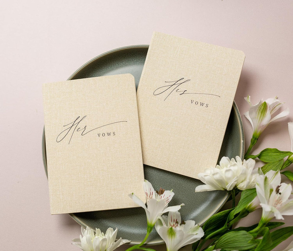 Slim Vow Books (Set of 2 - Design 5) - Soft Cream Canvas Linen Textured Cover Wedding Vow Booklets