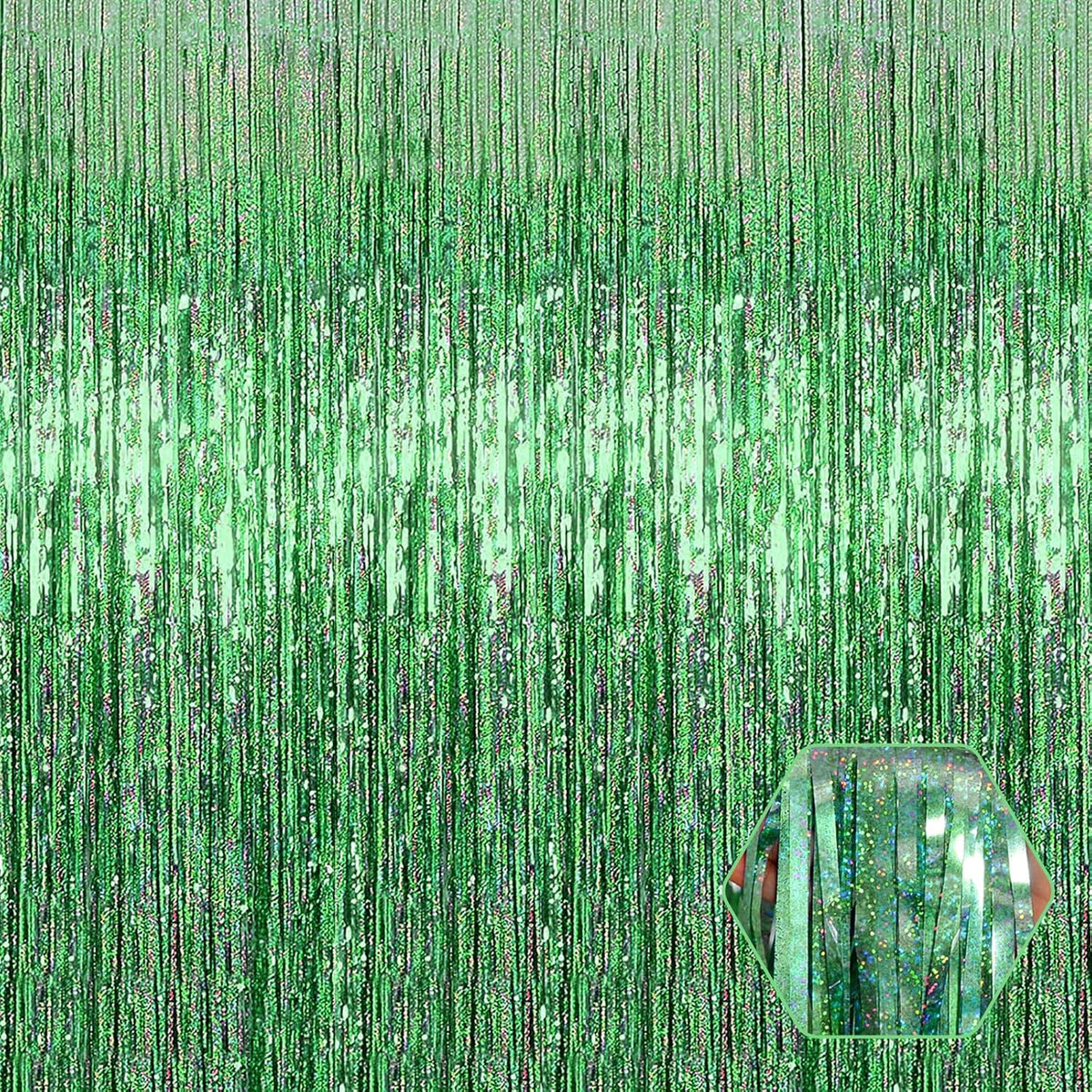 3 Pack Light Green Foil Fringe Curtain Backdrop, 3.28Ft x 8.2Ft Metallic Tinsel Foil Fringe